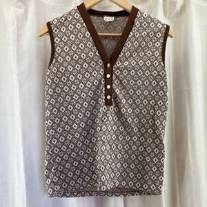 Vintage Sleeveless Top Brown Geometric‎ Print Button Up Blouse Vest Medium